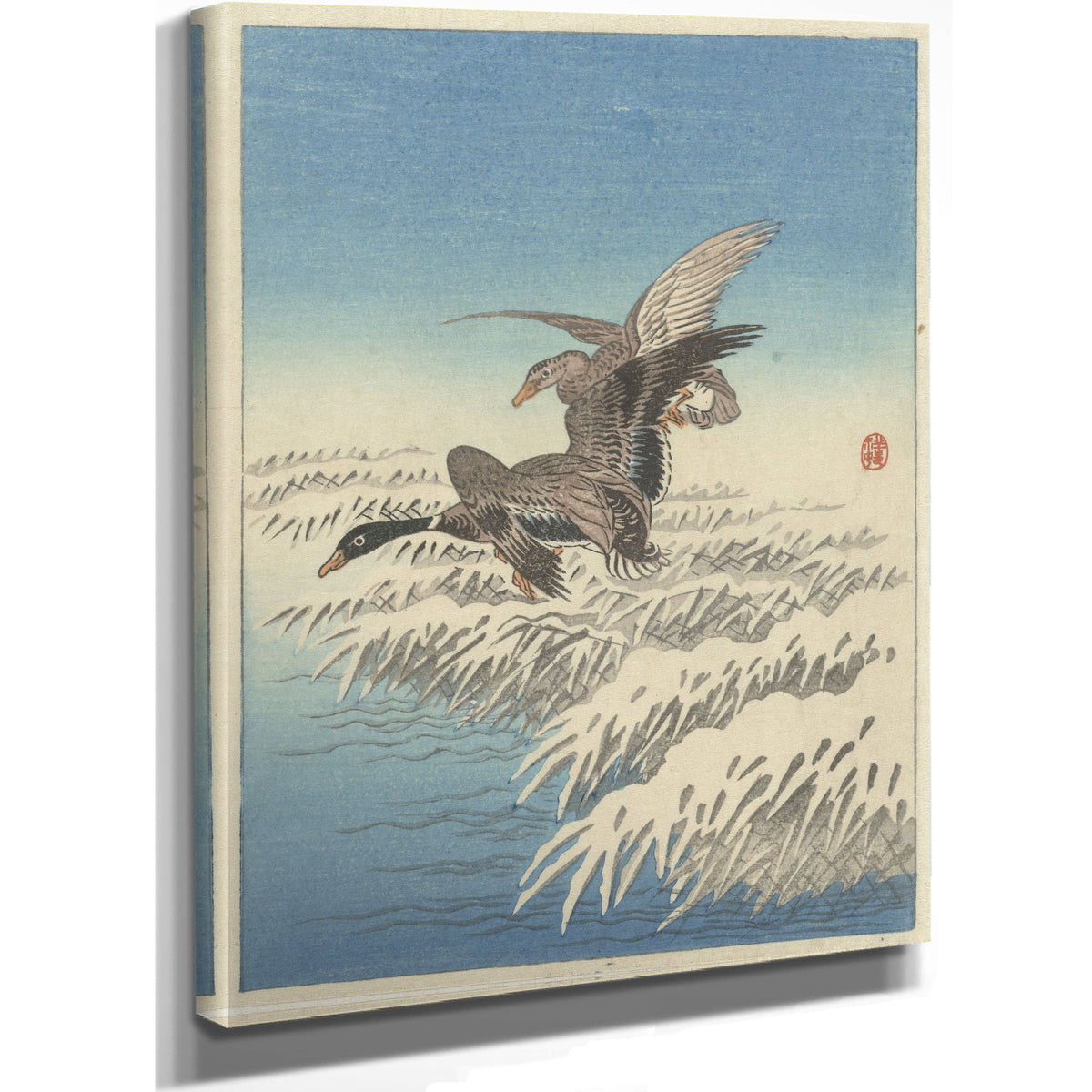 Flock Ducks Flying Above Snowy Reed By Ohara Koson