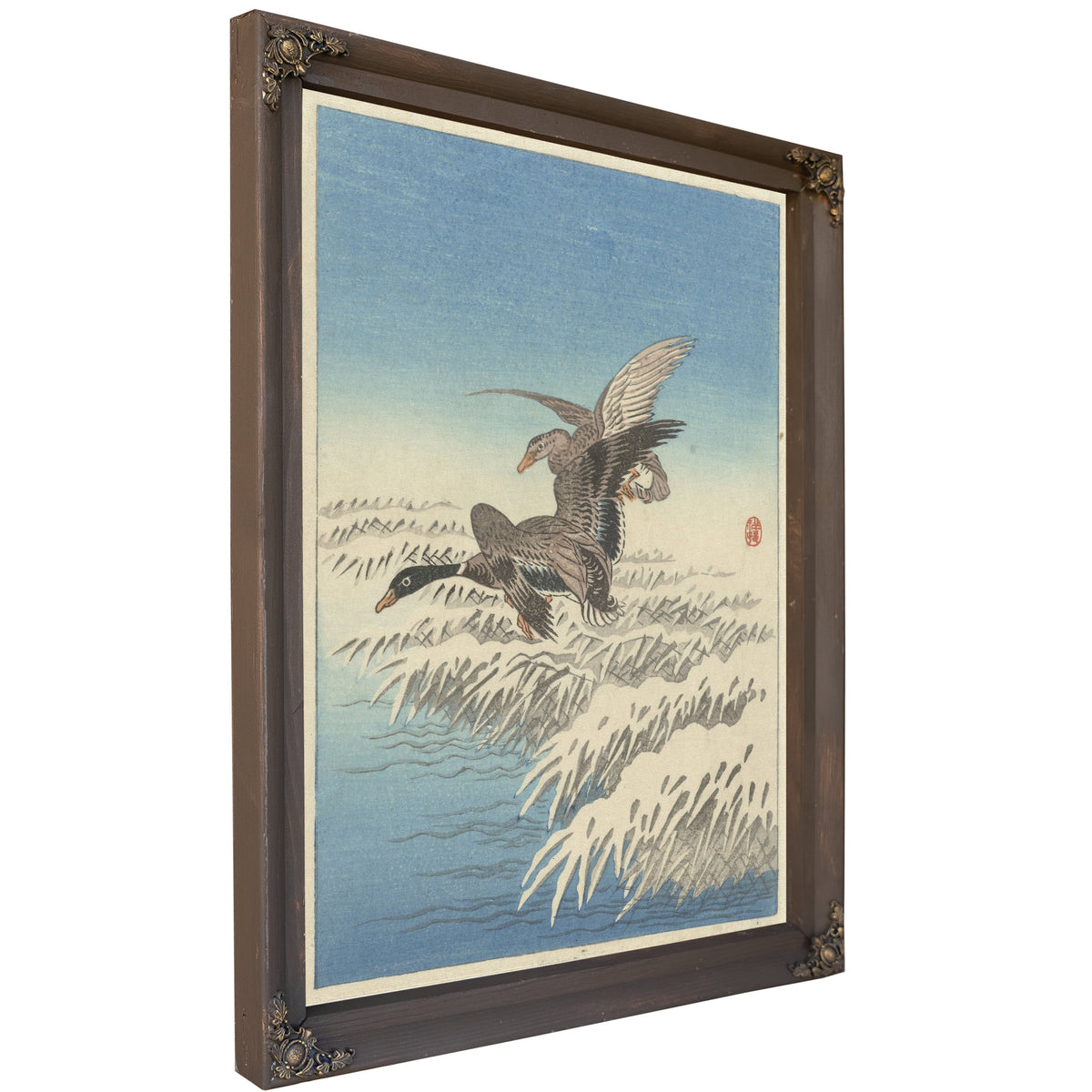 Flock Ducks Flying Above Snowy Reed By Ohara Koson