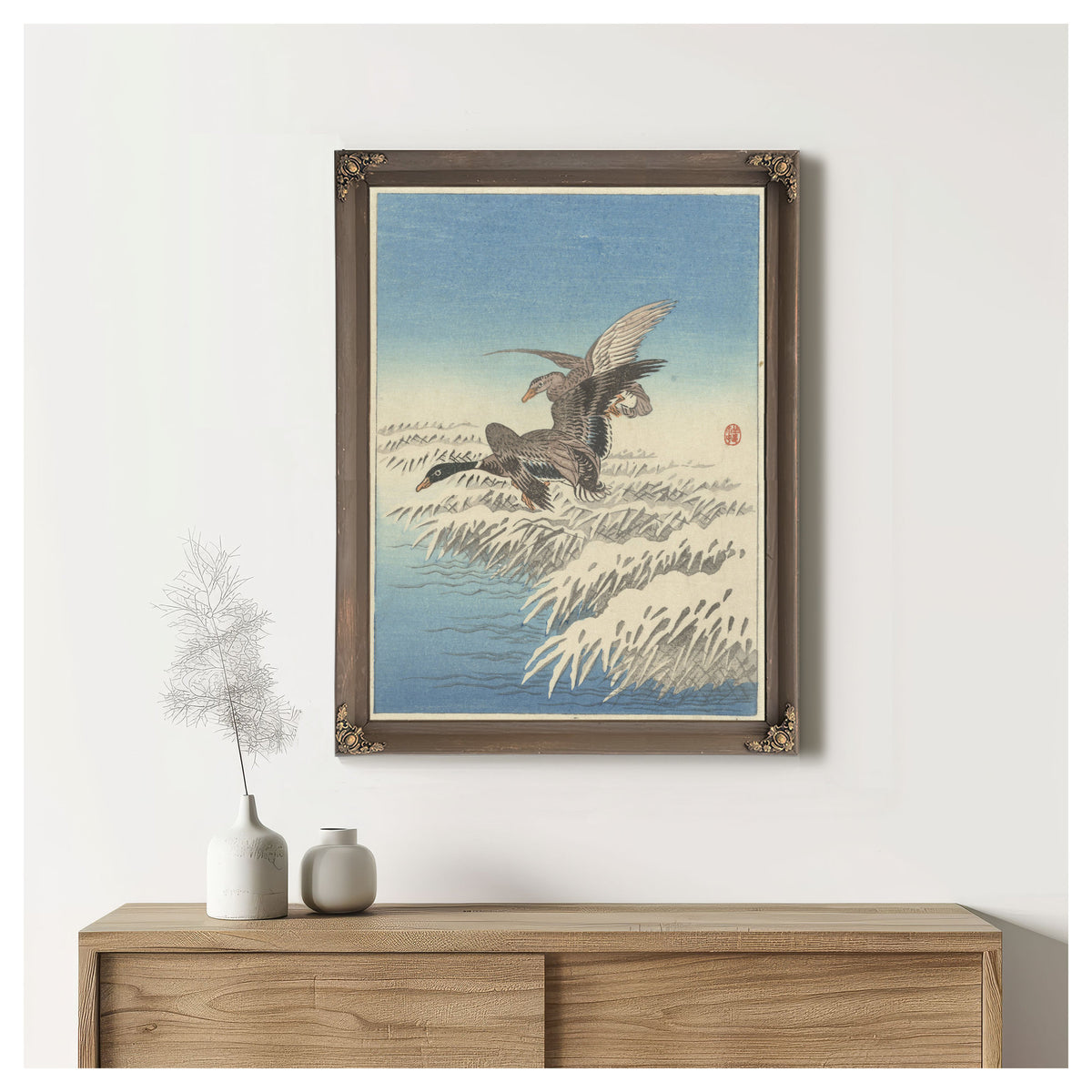 Flock Ducks Flying Above Snowy Reed By Ohara Koson