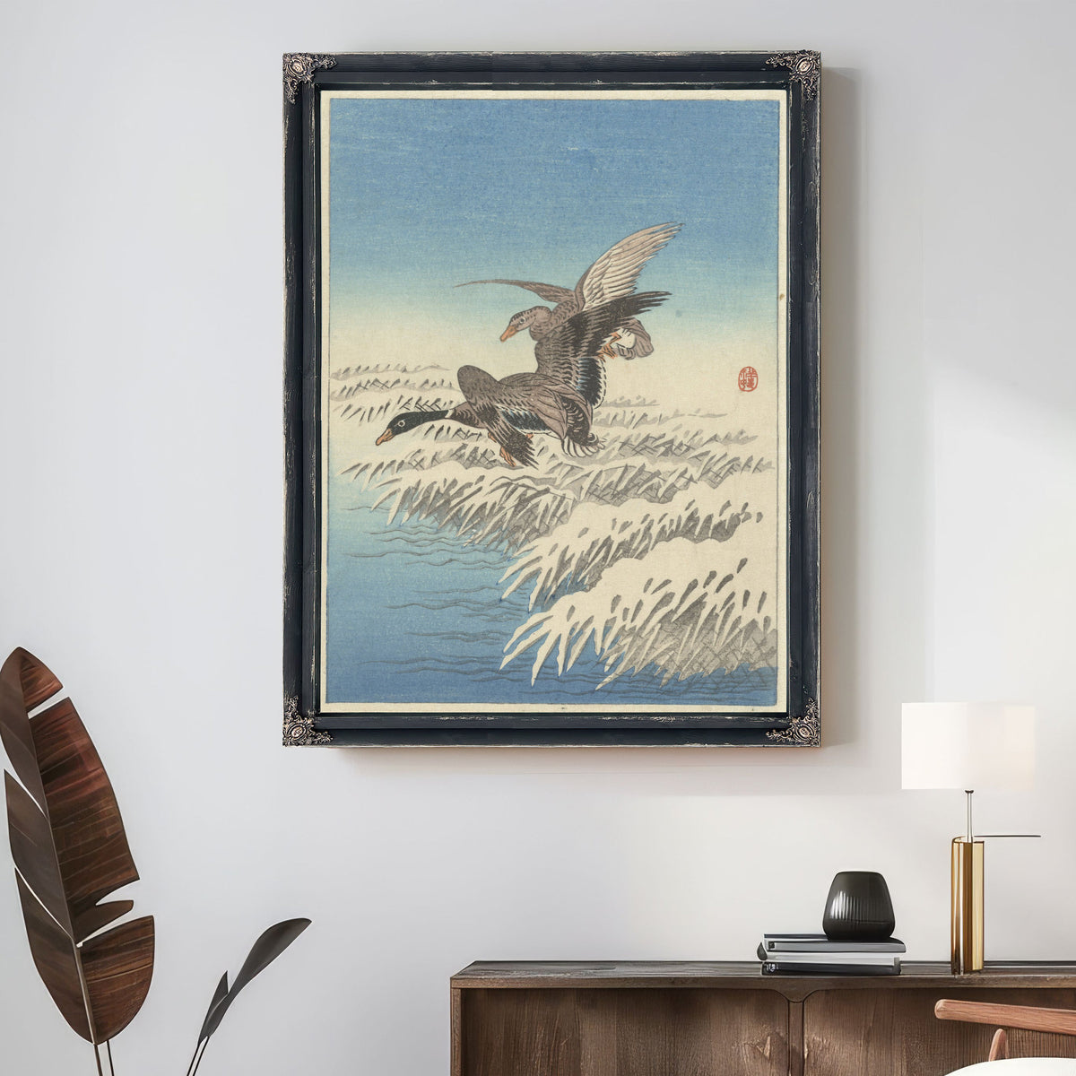 Flock Ducks Flying Above Snowy Reed By Ohara Koson