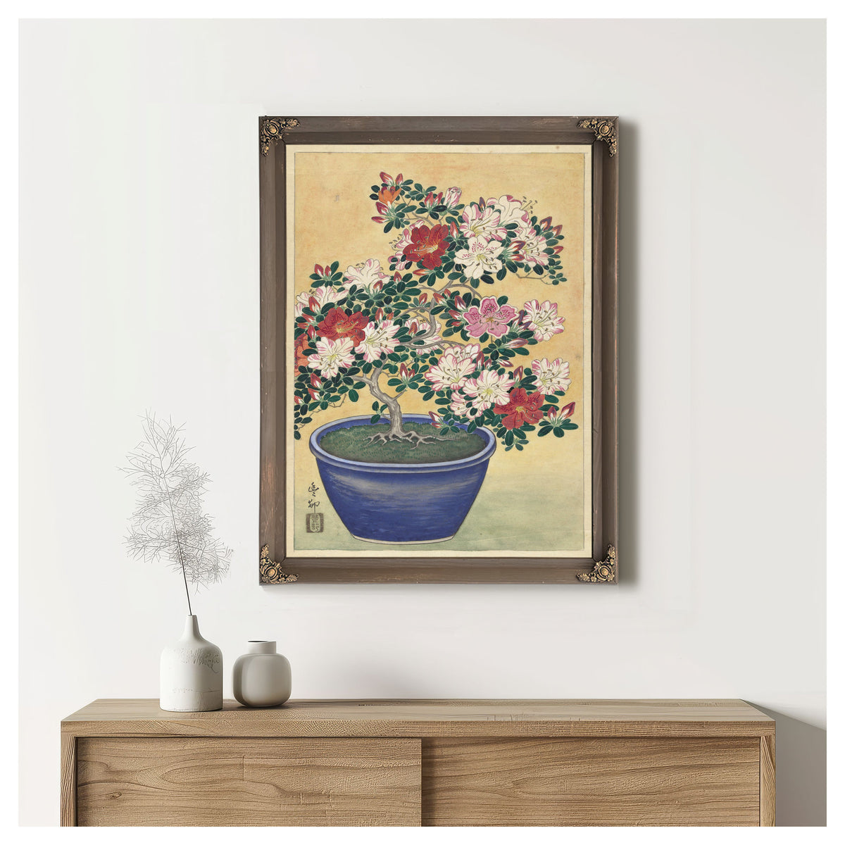 Flowering Azalea Blue Pot By Ohara Koson