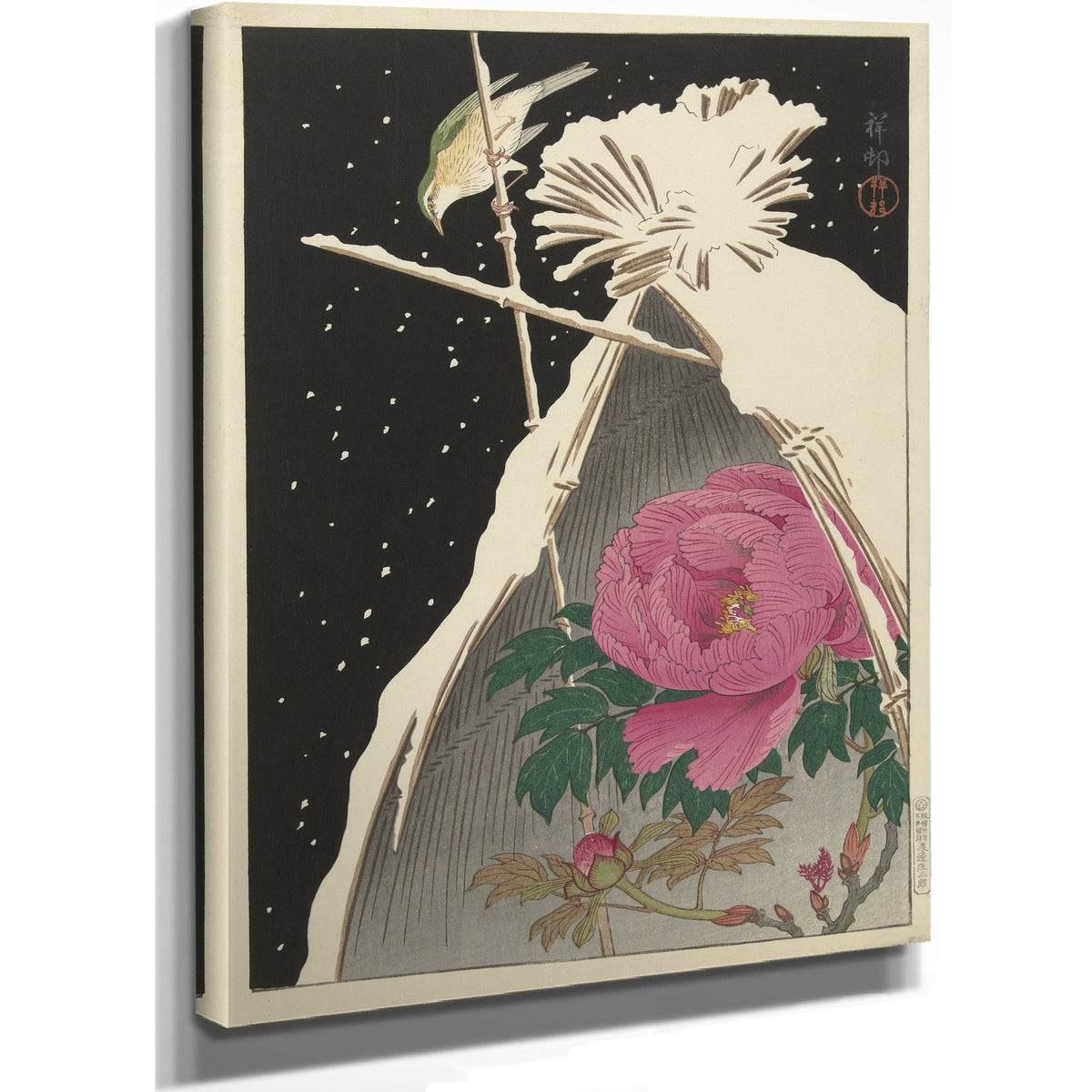 Siberian Bluechat Next to Peony By Ohara Koson
