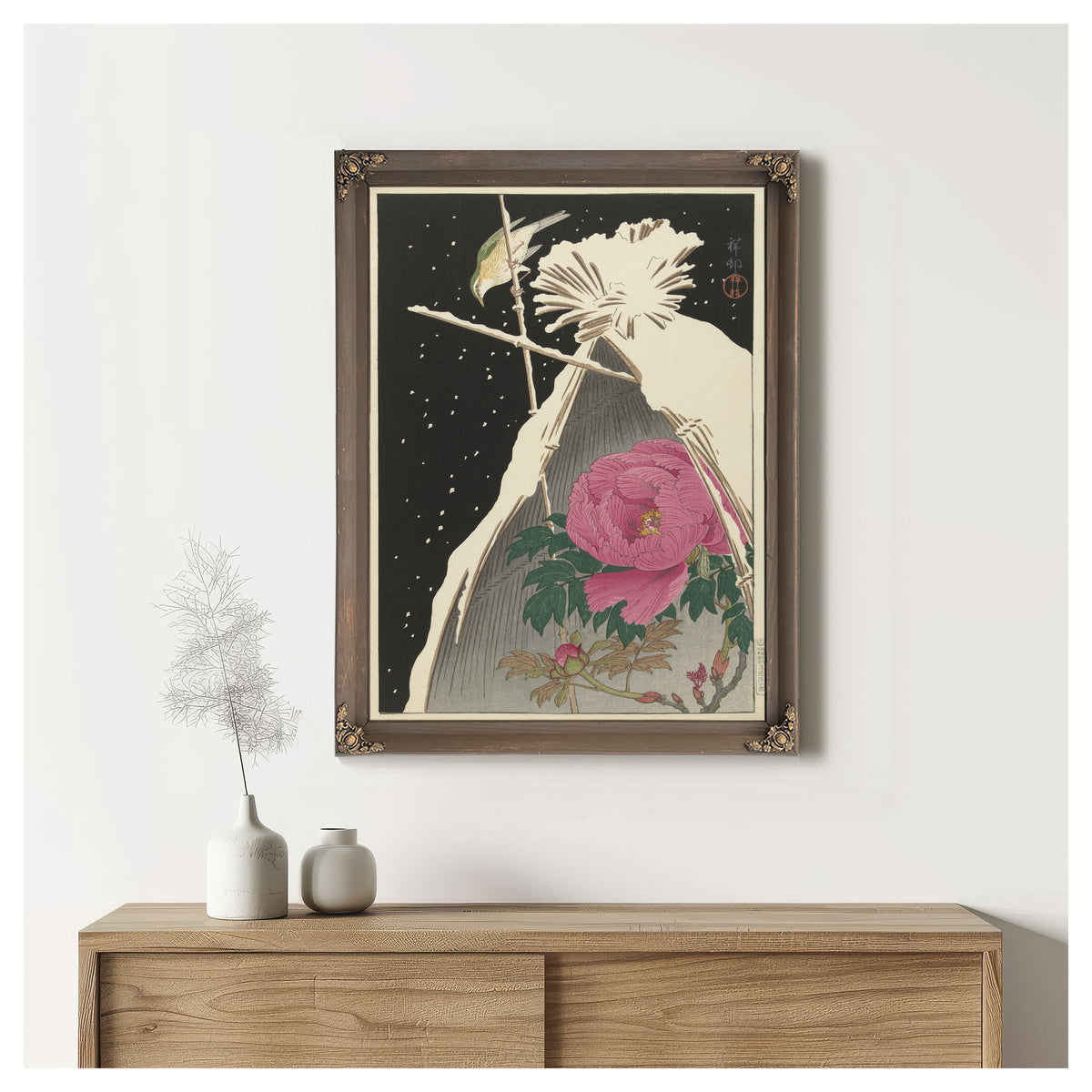 Siberian Bluechat Next to Peony By Ohara Koson