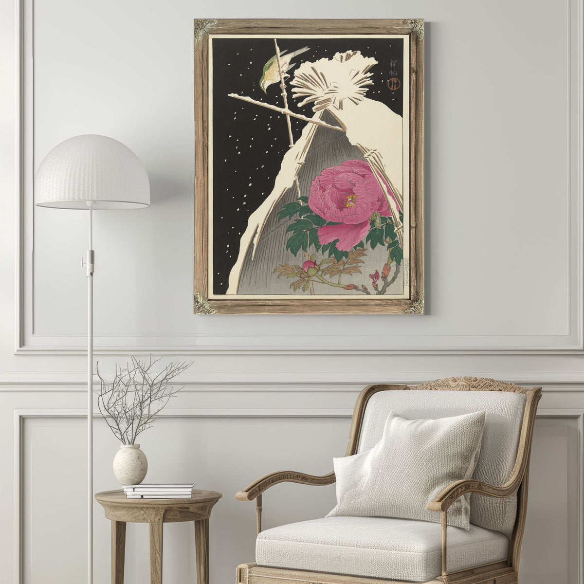 Siberian Bluechat Next to Peony By Ohara Koson