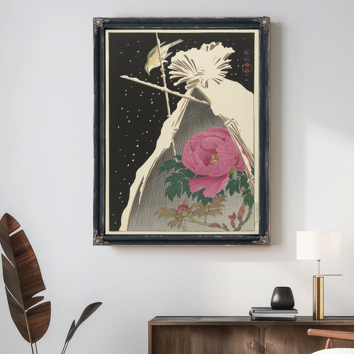 Siberian Bluechat Next to Peony By Ohara Koson