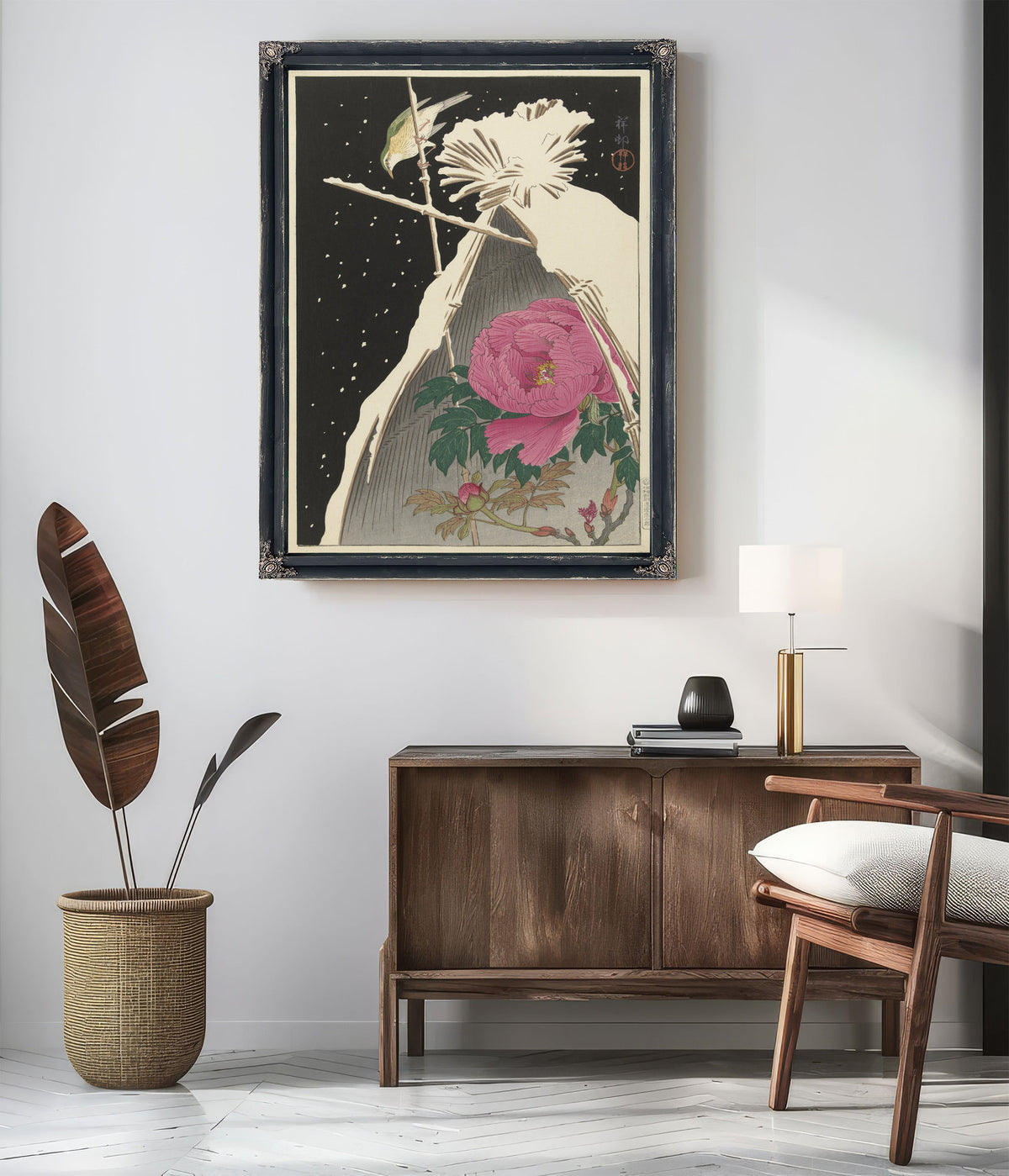 Siberian Bluechat Next to Peony By Ohara Koson