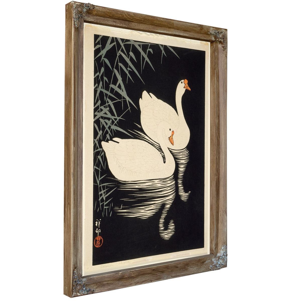 White Chinese Geese Swimming Reeds By Ohara Koson