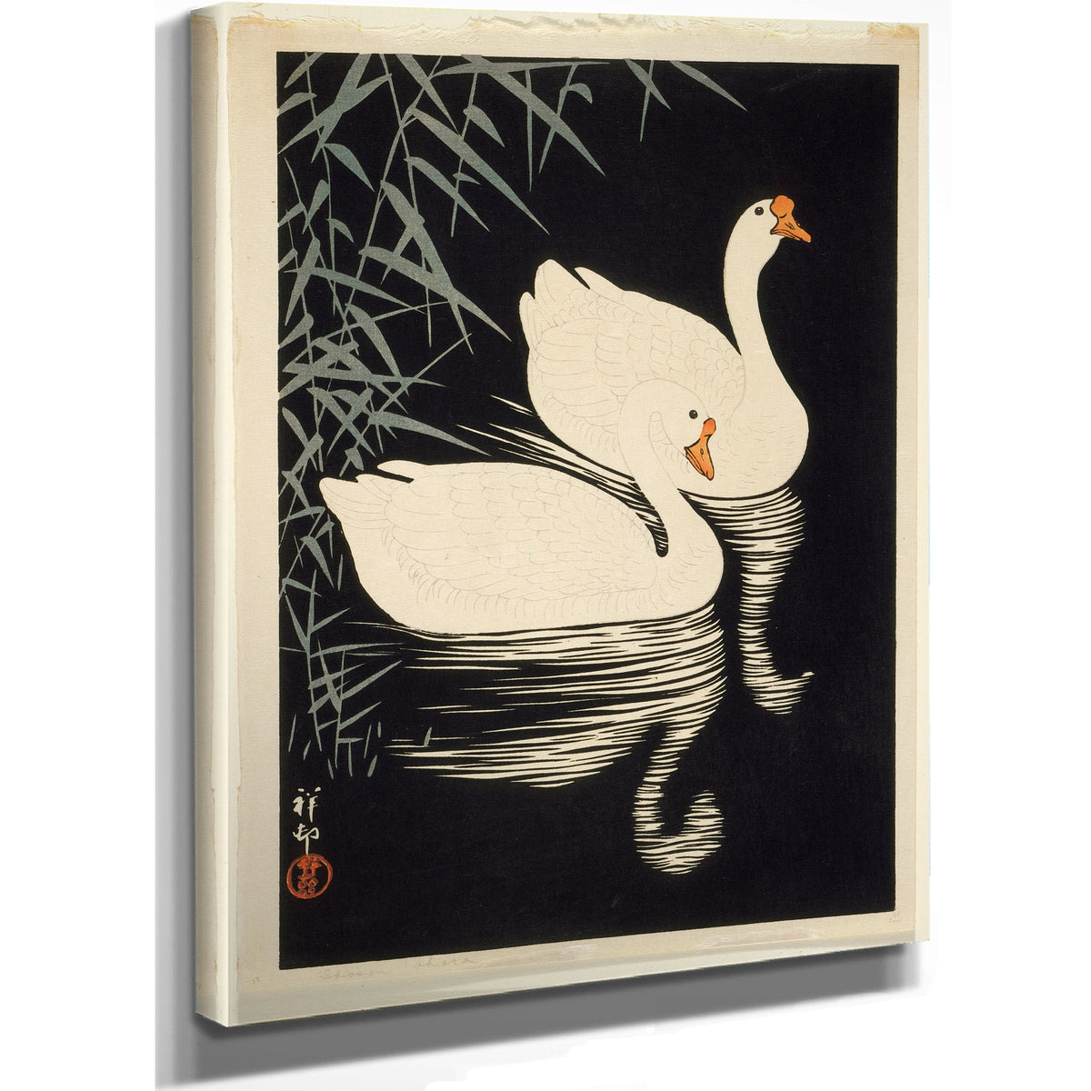 White Chinese Geese Swimming Reeds By Ohara Koson