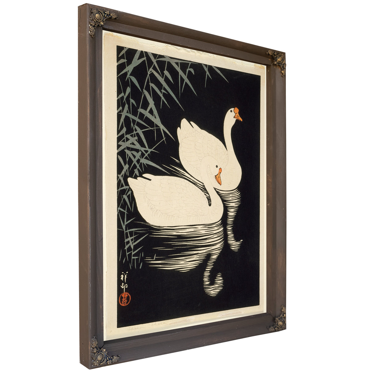 White Chinese Geese Swimming Reeds By Ohara Koson