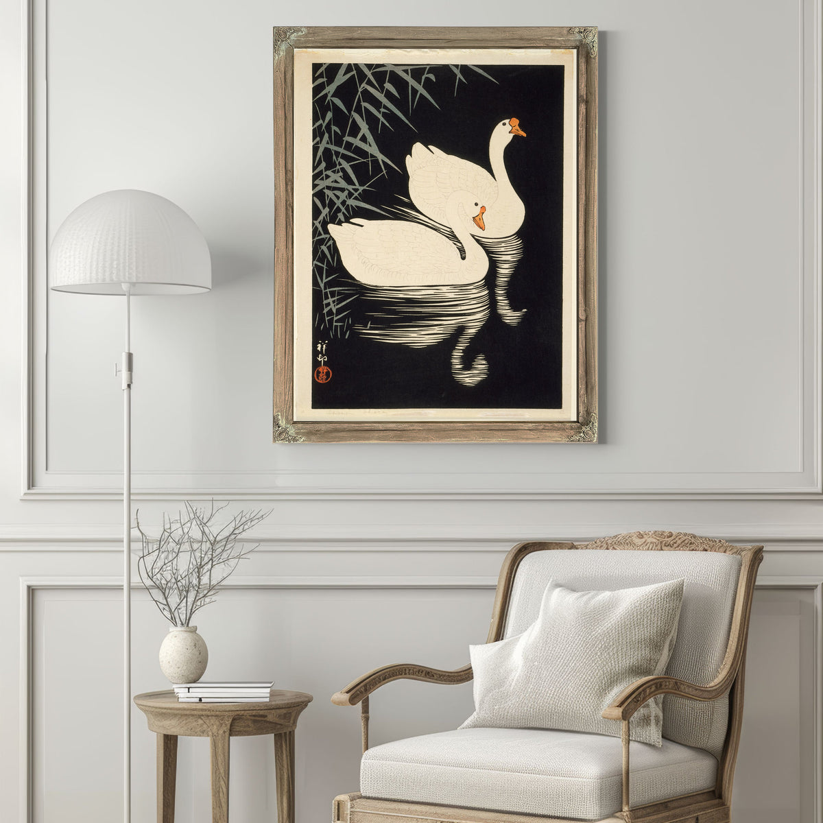 White Chinese Geese Swimming Reeds By Ohara Koson