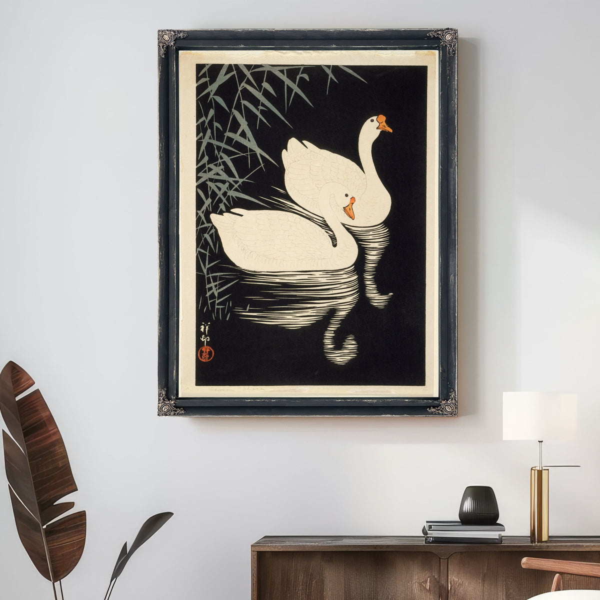 White Chinese Geese Swimming Reeds By Ohara Koson
