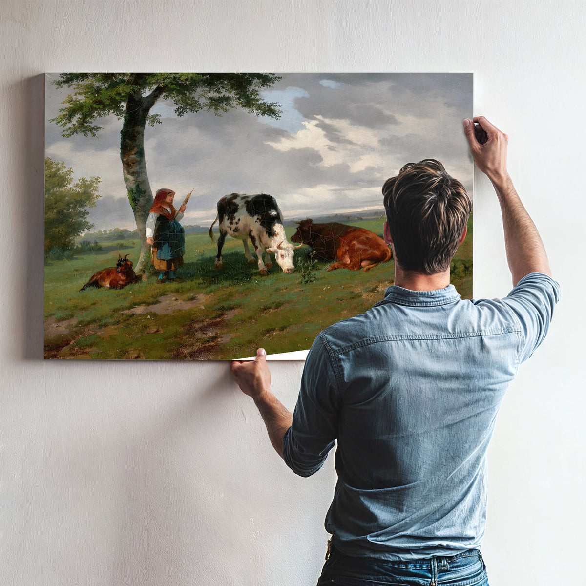 Shepherdess Two Cows a Meadow By Rosa Bonheur