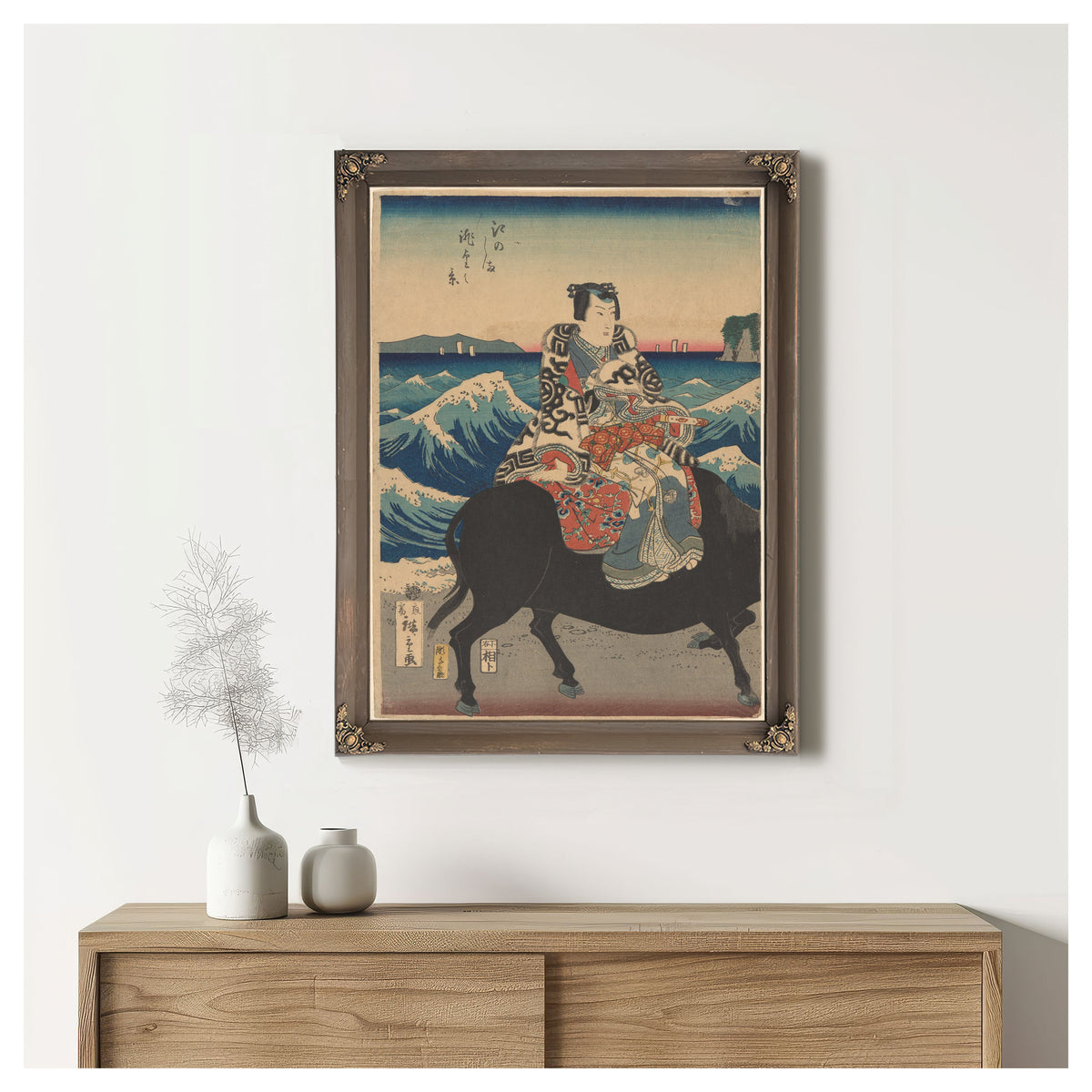 Enoshima Island Figure an Ox Waves By Utagawa Hiroshige