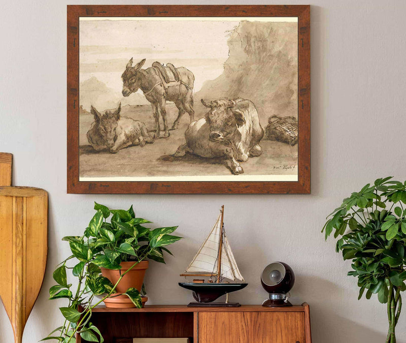 A Bull Lying Down And Two Donkeys In A Landscape  by Giovanni Domenico Tiepolo