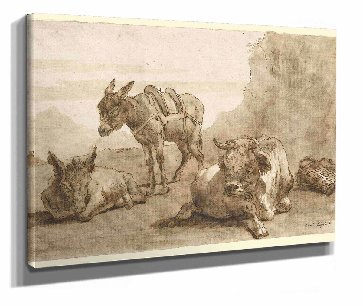 A Bull Lying Down And Two Donkeys In A Landscape  by Giovanni Domenico Tiepolo