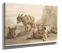 A Bull Lying Down And Two Donkeys In A Landscape  by Giovanni Domenico Tiepolo