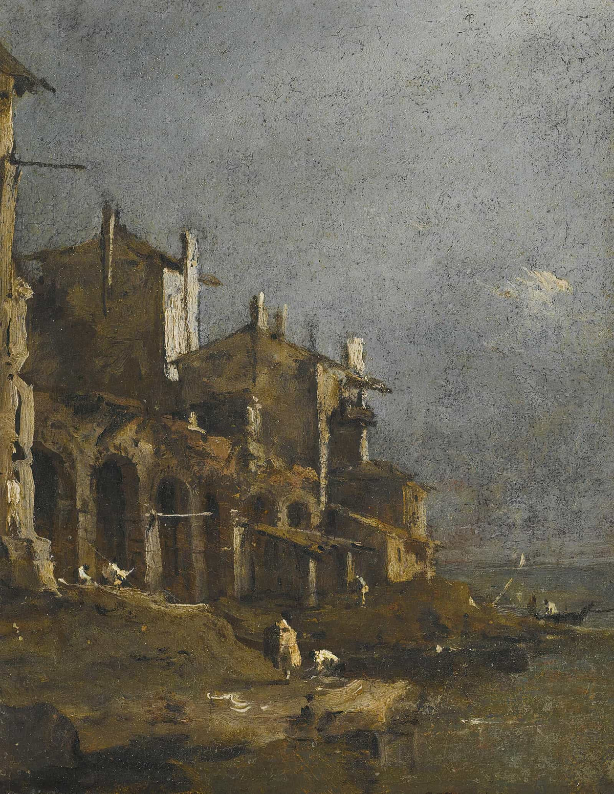 A Capriccio Coastal Landscape With Figures On The Shore Beneath An Arcade by Francesco Guardi