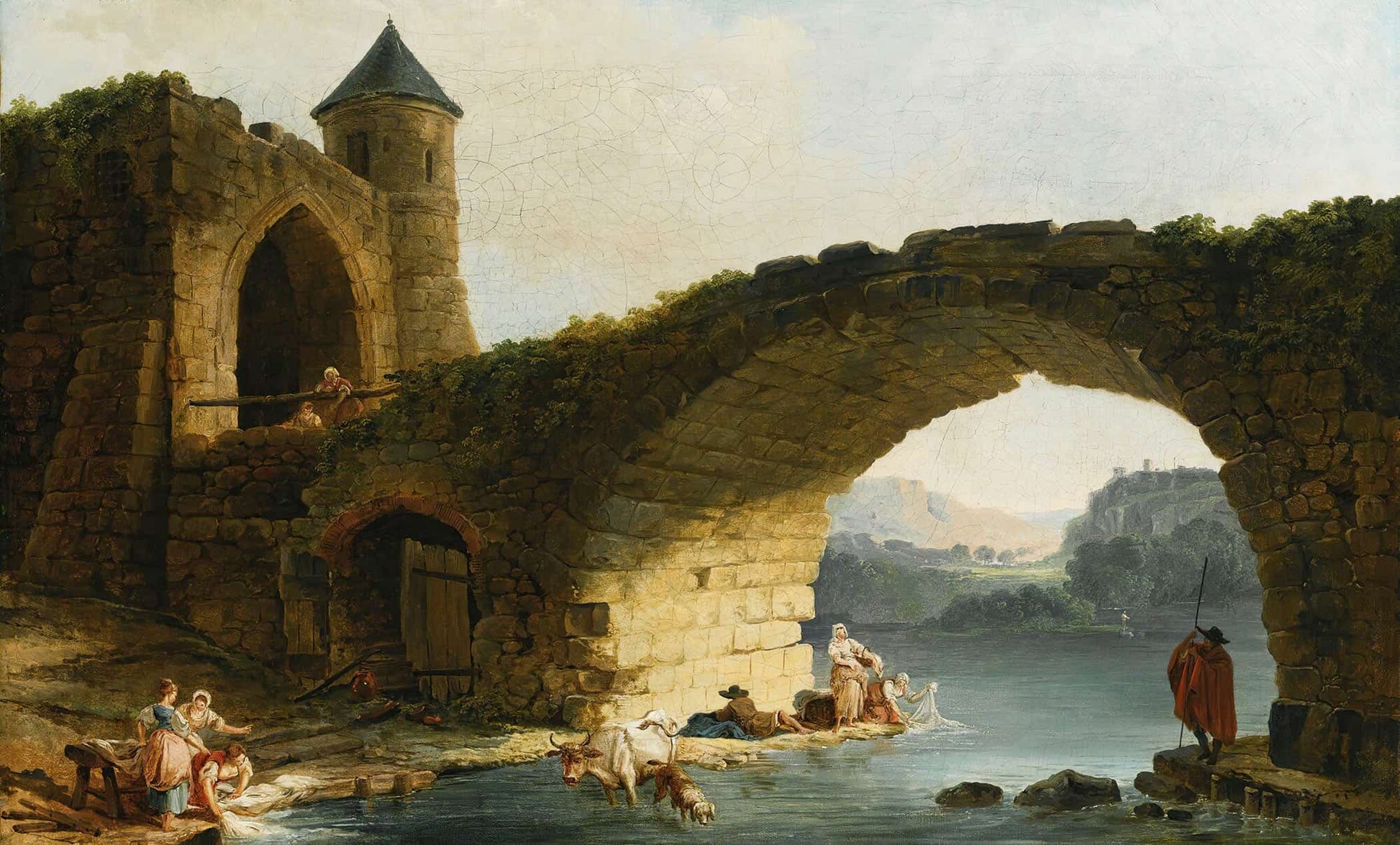 A Capriccio River Landscape With Washerwomen Near A Ruined Bridge by Hubert Robert