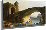 A Capriccio River Landscape With Washerwomen Near A Ruined Bridge by Hubert Robert