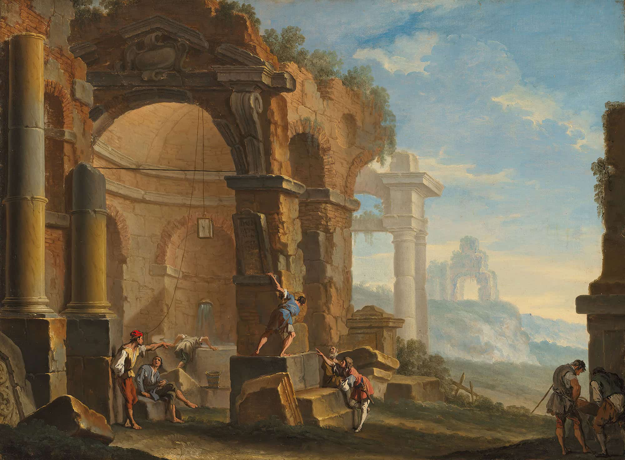 A Capriccio With Figures Conversing By Classical Ruins by Sebastiano Ricci