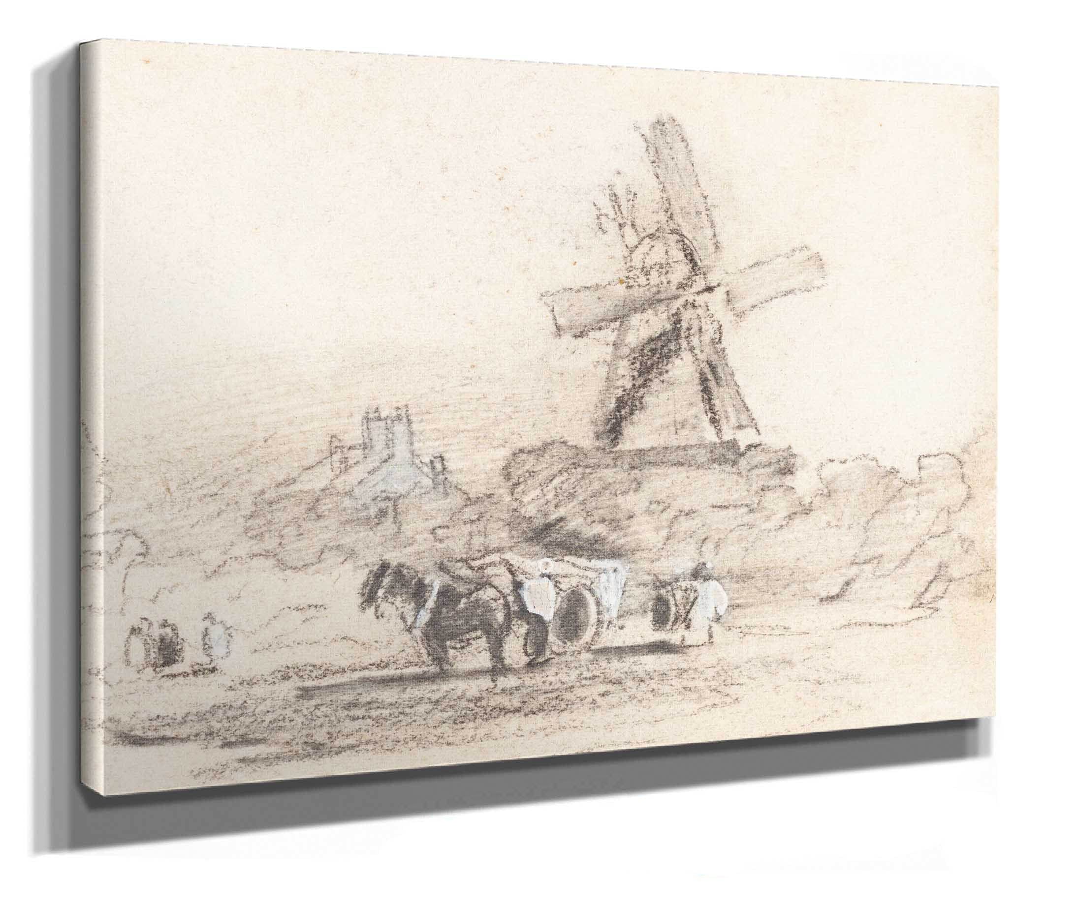 A Cart With Two Horses Near A Windmill by David Cox