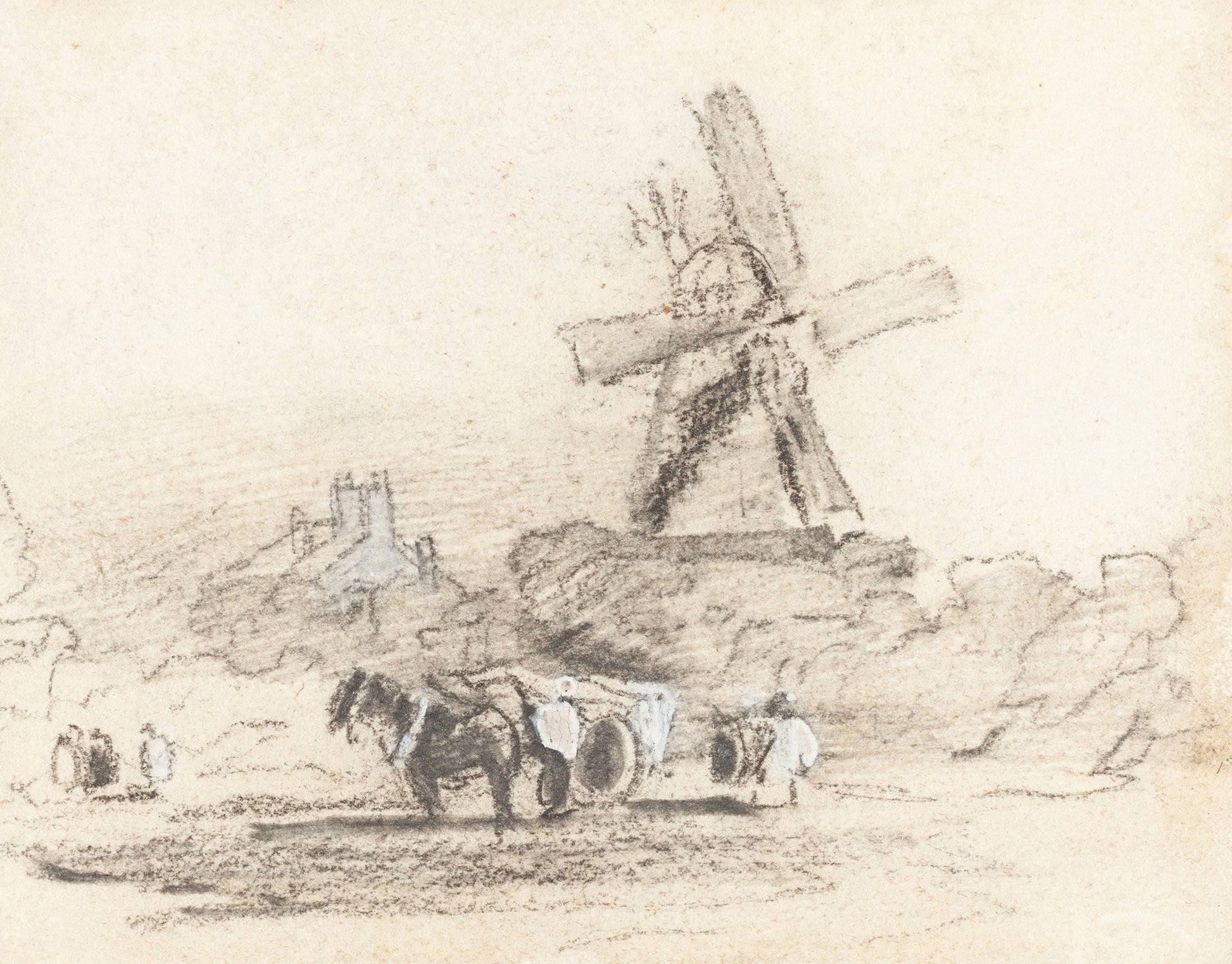 A Cart With Two Horses Near A Windmill by David Cox