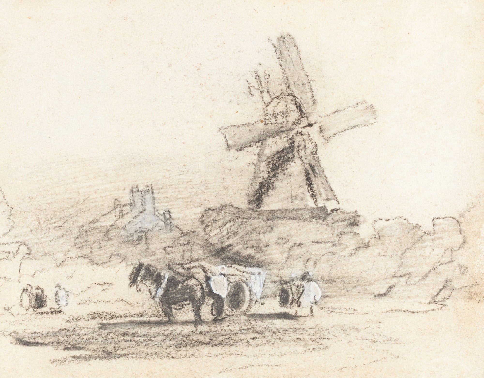 A Cart With Two Horses Near A Windmill by David Cox