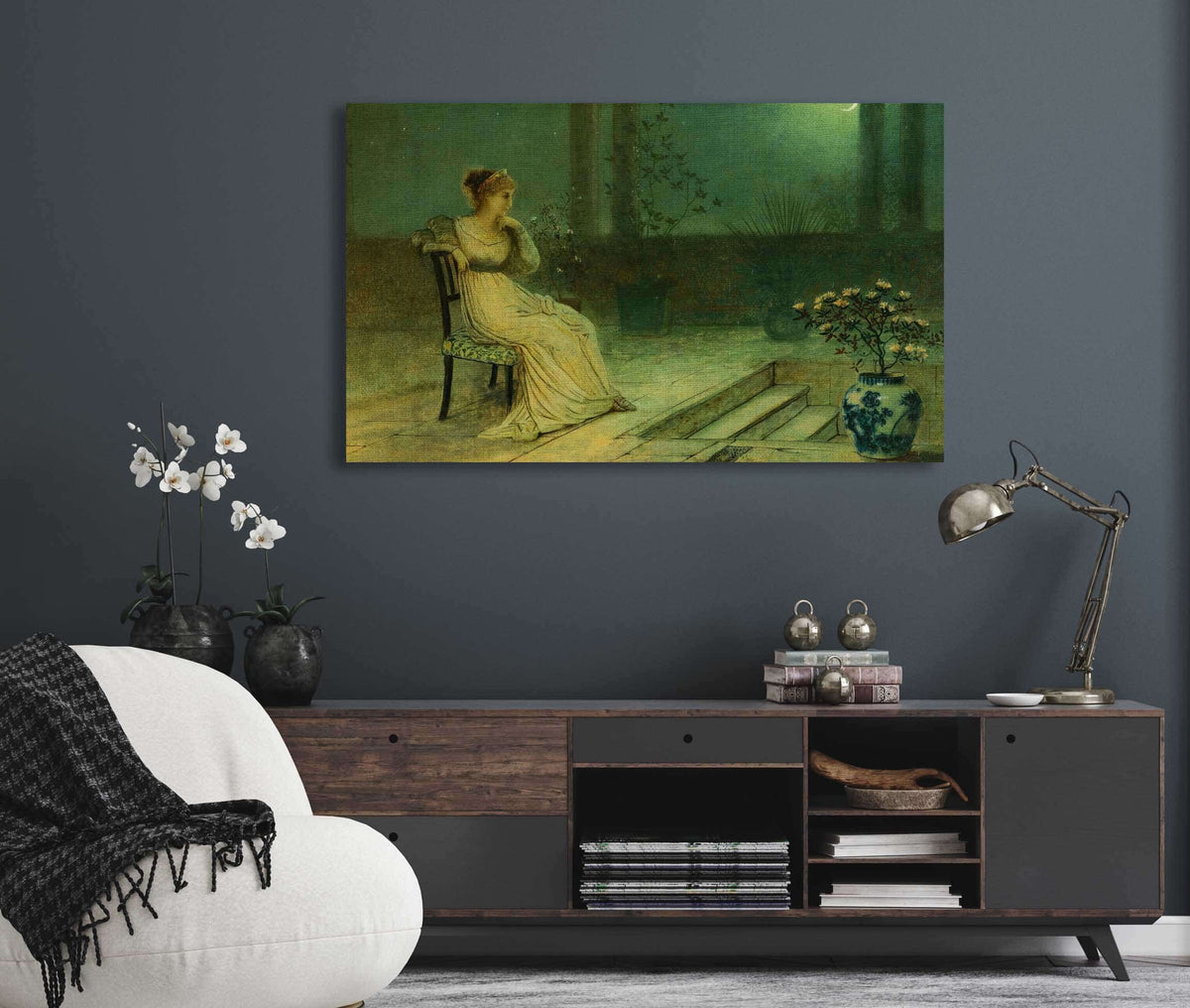 A Classical Maiden Seated On A Terrace By Moonlight by John Atkinson Grimshaw