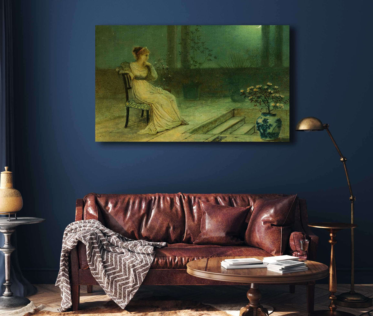 A Classical Maiden Seated On A Terrace By Moonlight by John Atkinson Grimshaw