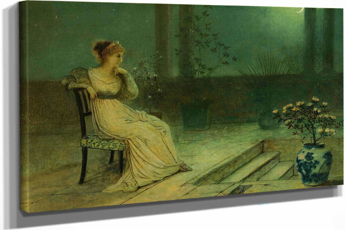 A Classical Maiden Seated On A Terrace By Moonlight by John Atkinson Grimshaw