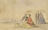 A Couple Seated And A Couple Walking On The Beach by Eugene Boudin