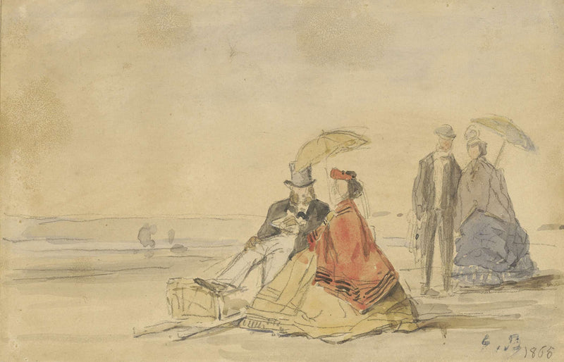 A Couple Seated And A Couple Walking On The Beach by Eugene Boudin
