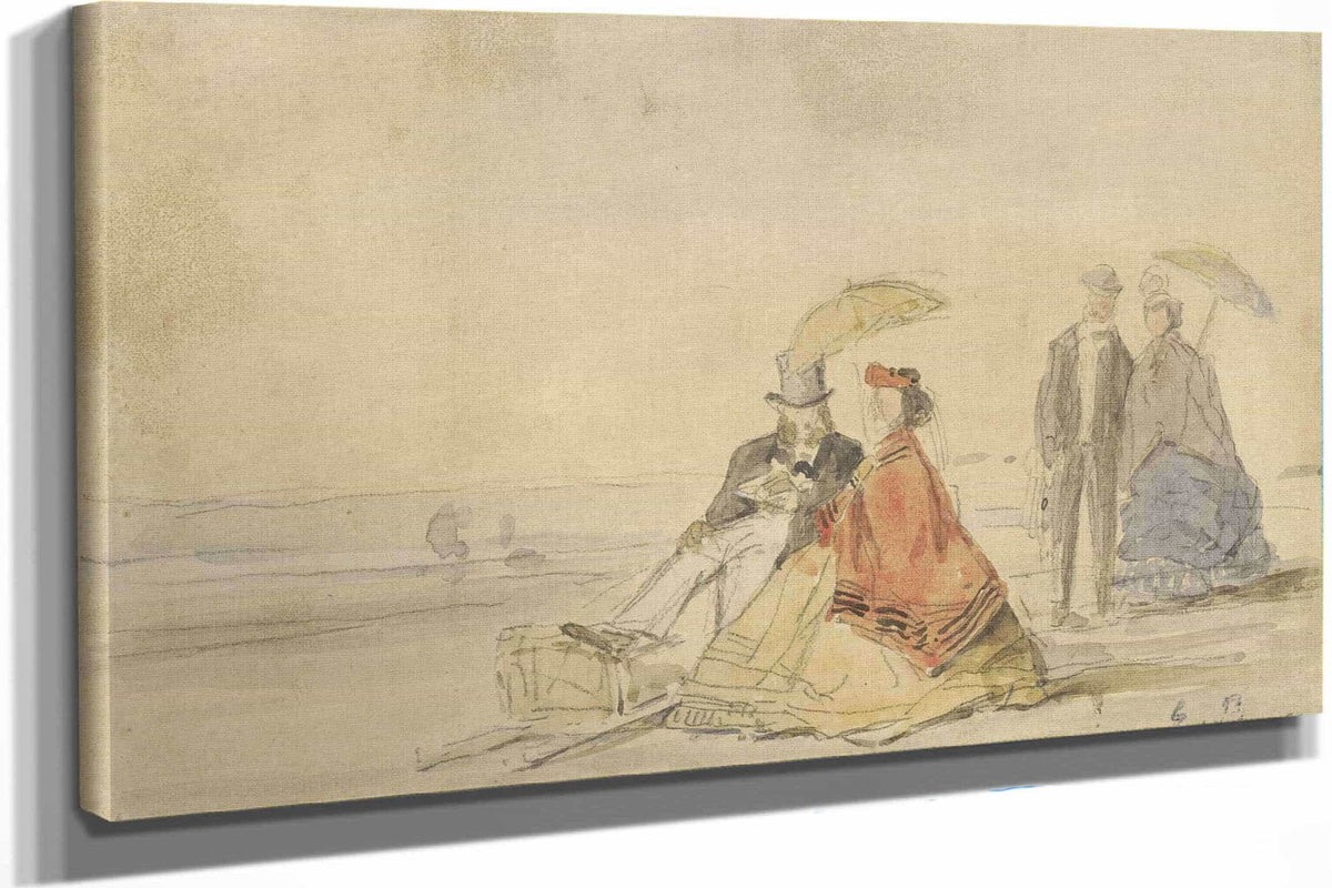 A Couple Seated And A Couple Walking On The Beach by Eugene Boudin