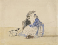 A Couple Seated On The Beach With Two Dogs by Eugene Boudin