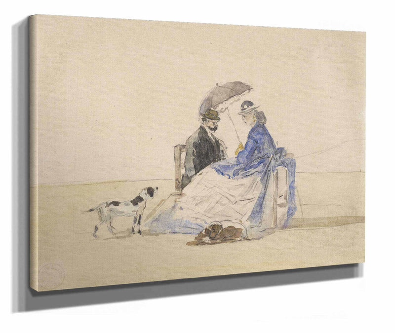 A Couple Seated On The Beach With Two Dogs by Eugene Boudin