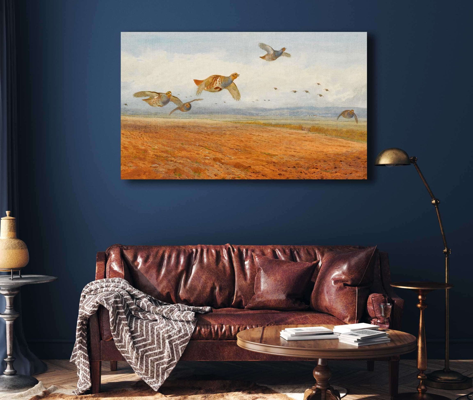 A Covey Of Grey Partridge In Flight by Archibald Thorburn