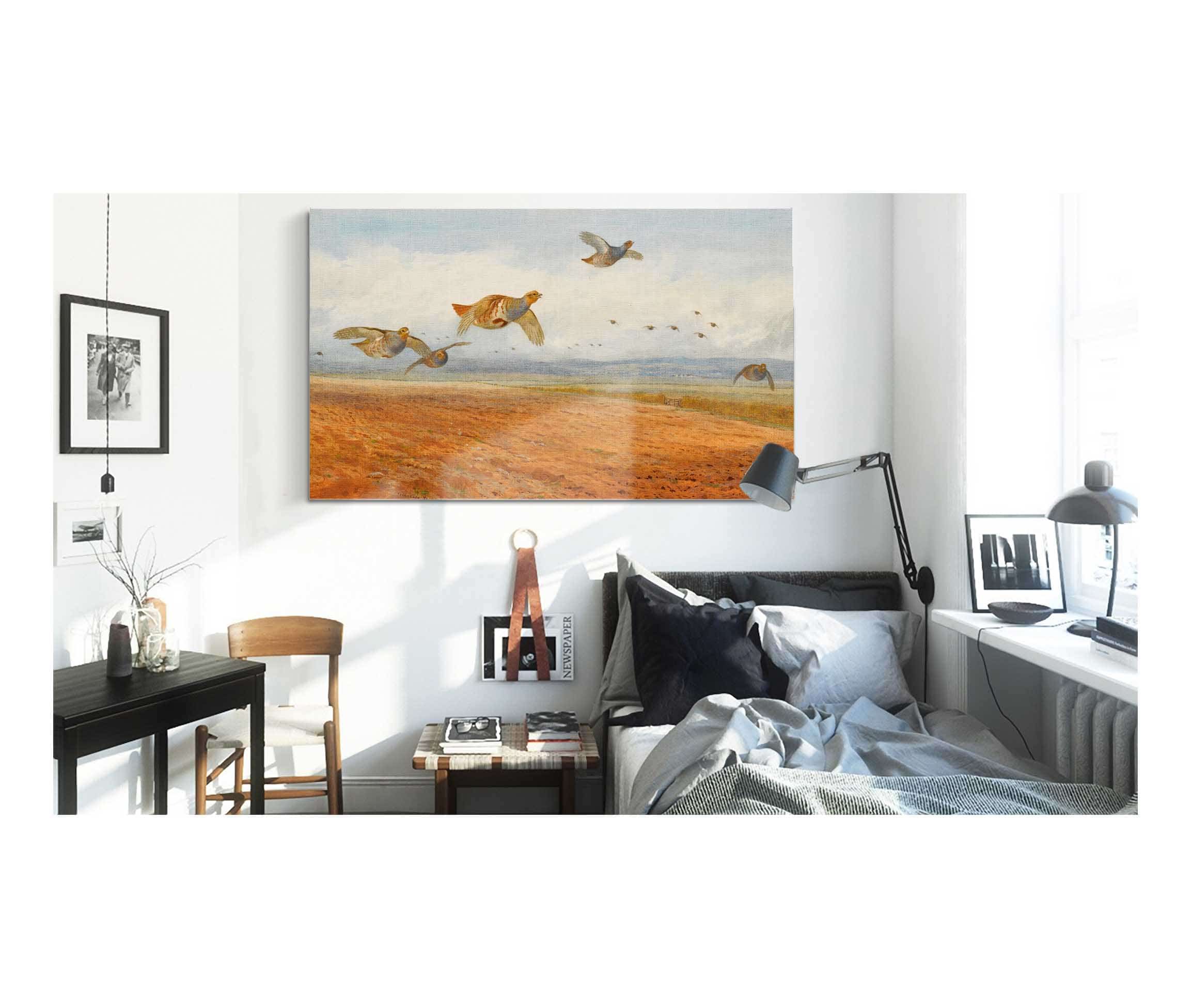 A Covey Of Grey Partridge In Flight by Archibald Thorburn
