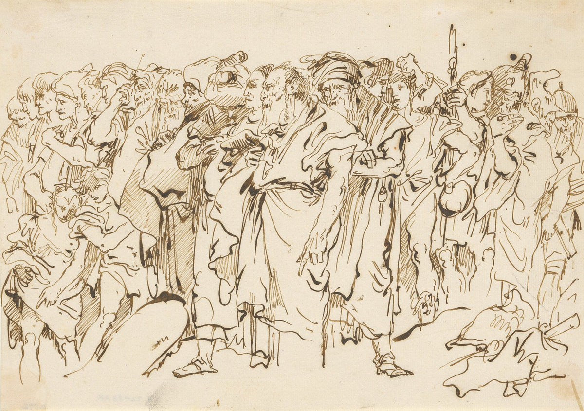 A Crowd Of Ancient Warriors Orientals And Two Boys Gathering For A Sacrifice by Giovanni Domenico Tiepolo