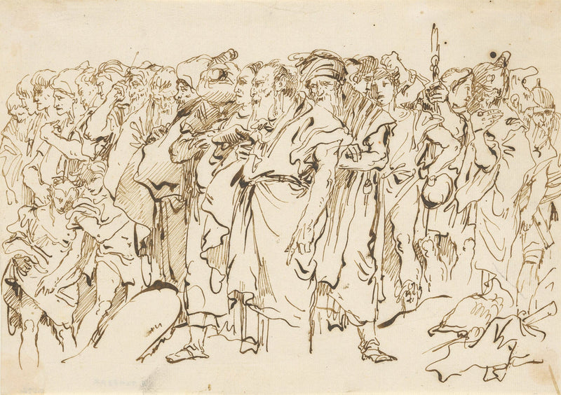 A Crowd Of Ancient Warriors Orientals And Two Boys Gathering For A Sacrifice by Giovanni Domenico Tiepolo
