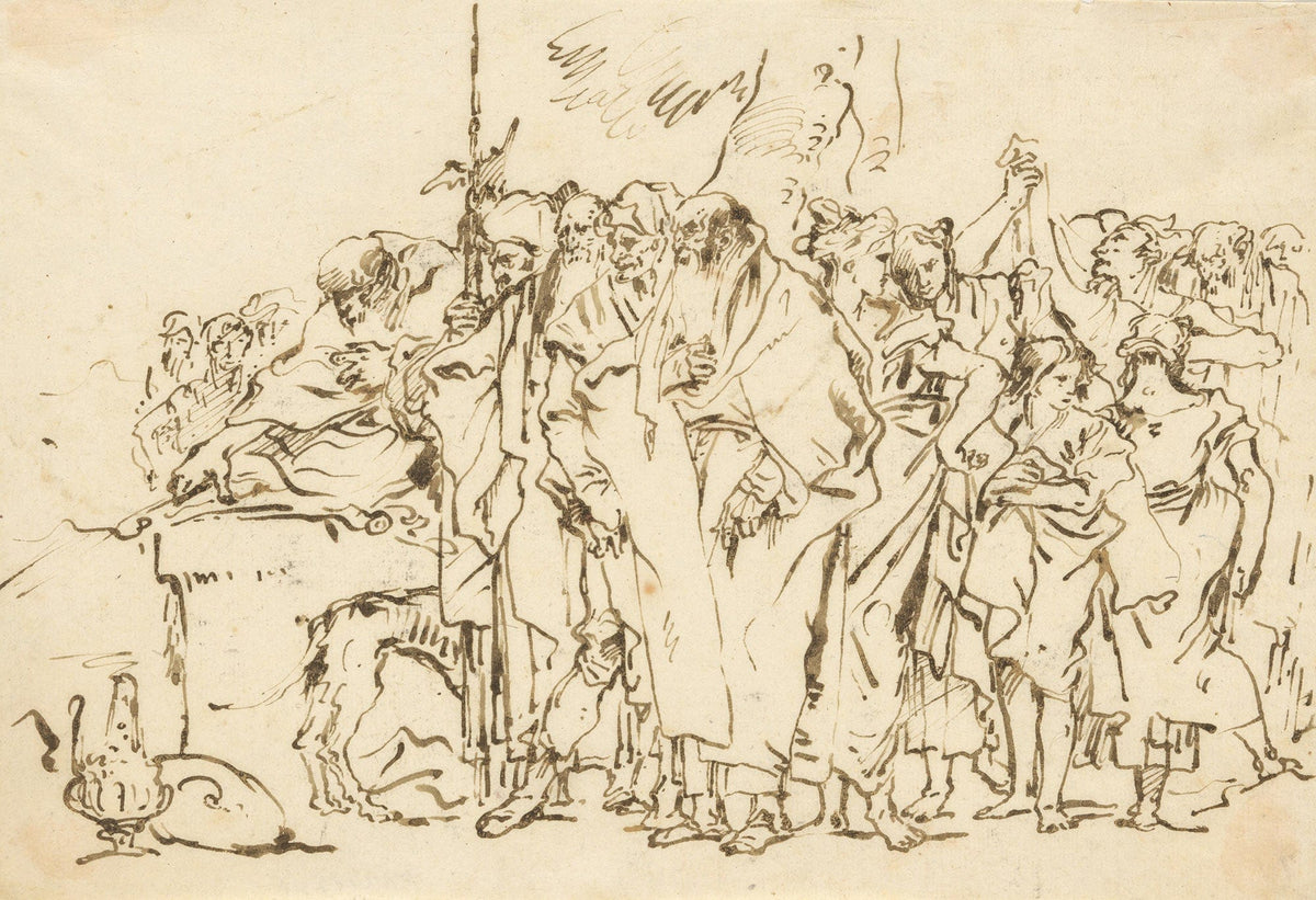 A Crowd Of Persons In Antique Roman Or Oriental Dress Gathering At A Pagan Altar by Giovanni Domenico Tiepolo