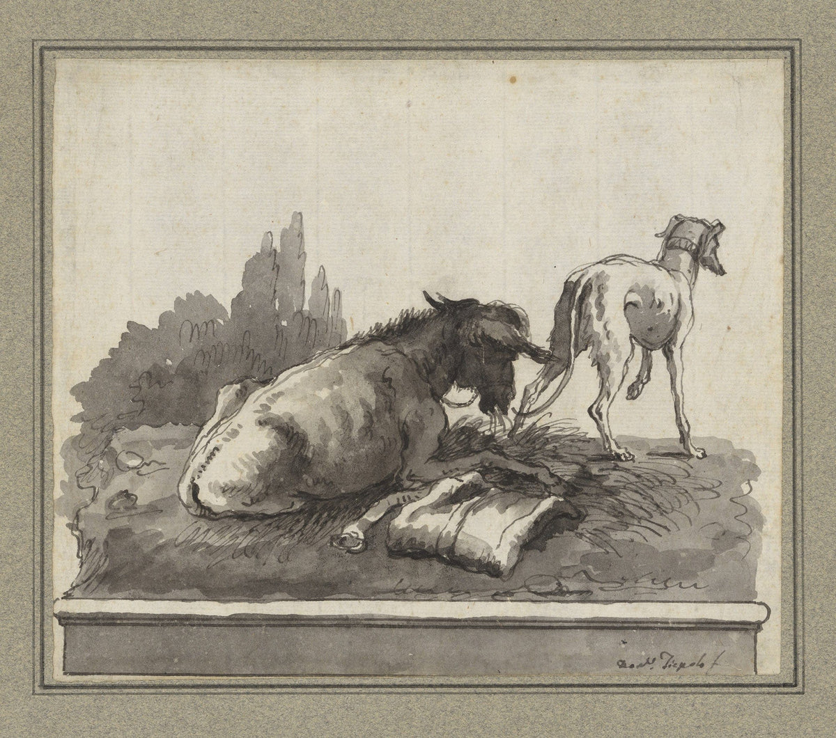 A Donkey Lying On The Grass With An Italian Greyhound On A Base Late Th Century by Giovanni Domenico Tiepolo