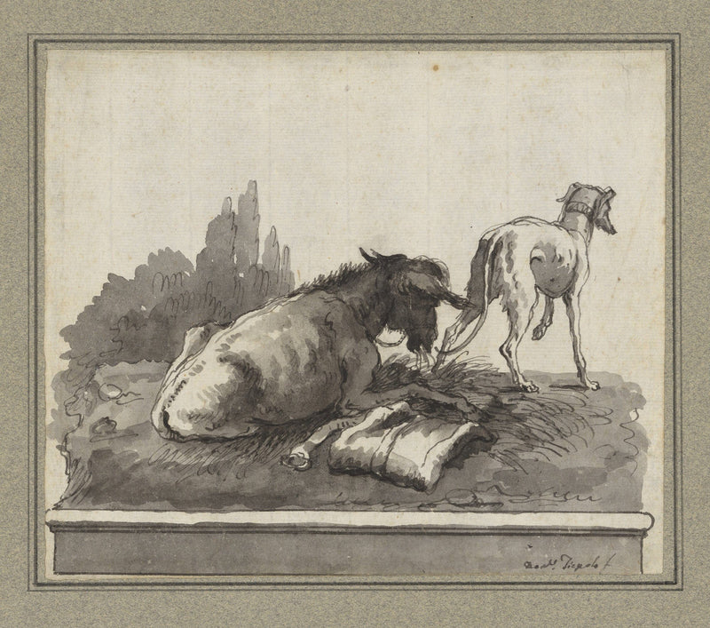 A Donkey Lying On The Grass With An Italian Greyhound On A Base Late Th Century by Giovanni Domenico Tiepolo