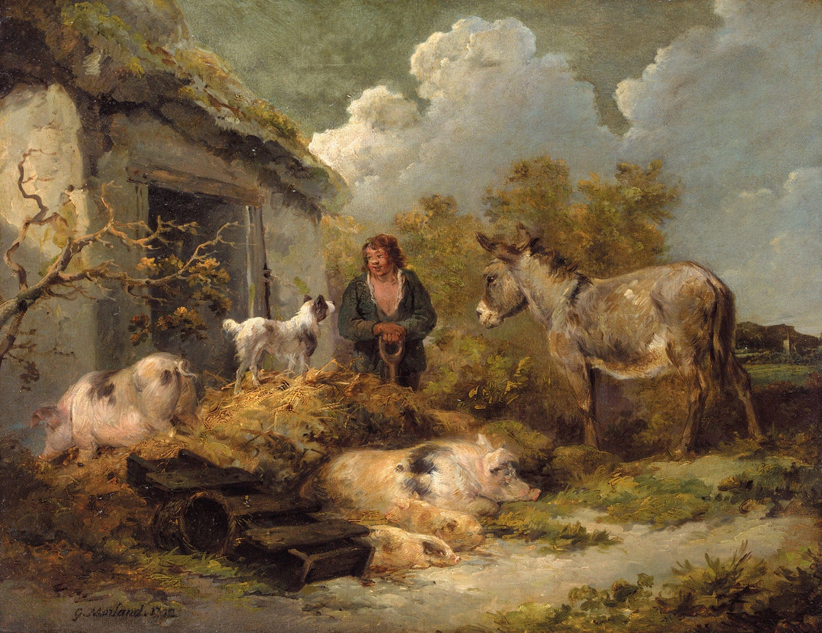 A Farm Boy With A Donkey Pigs And A Sheep Dog by George Morland