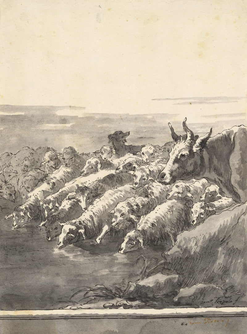 A Flock Of Sheep Drinking At A Pool With A Bullock And A Dog After by Giovanni Domenico Tiepolo
