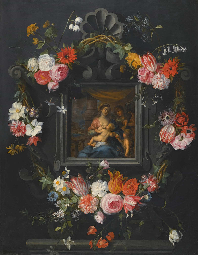 A Garland Of Flowers Surrounding The Virgin And Child by Jan Brueghel The Younger