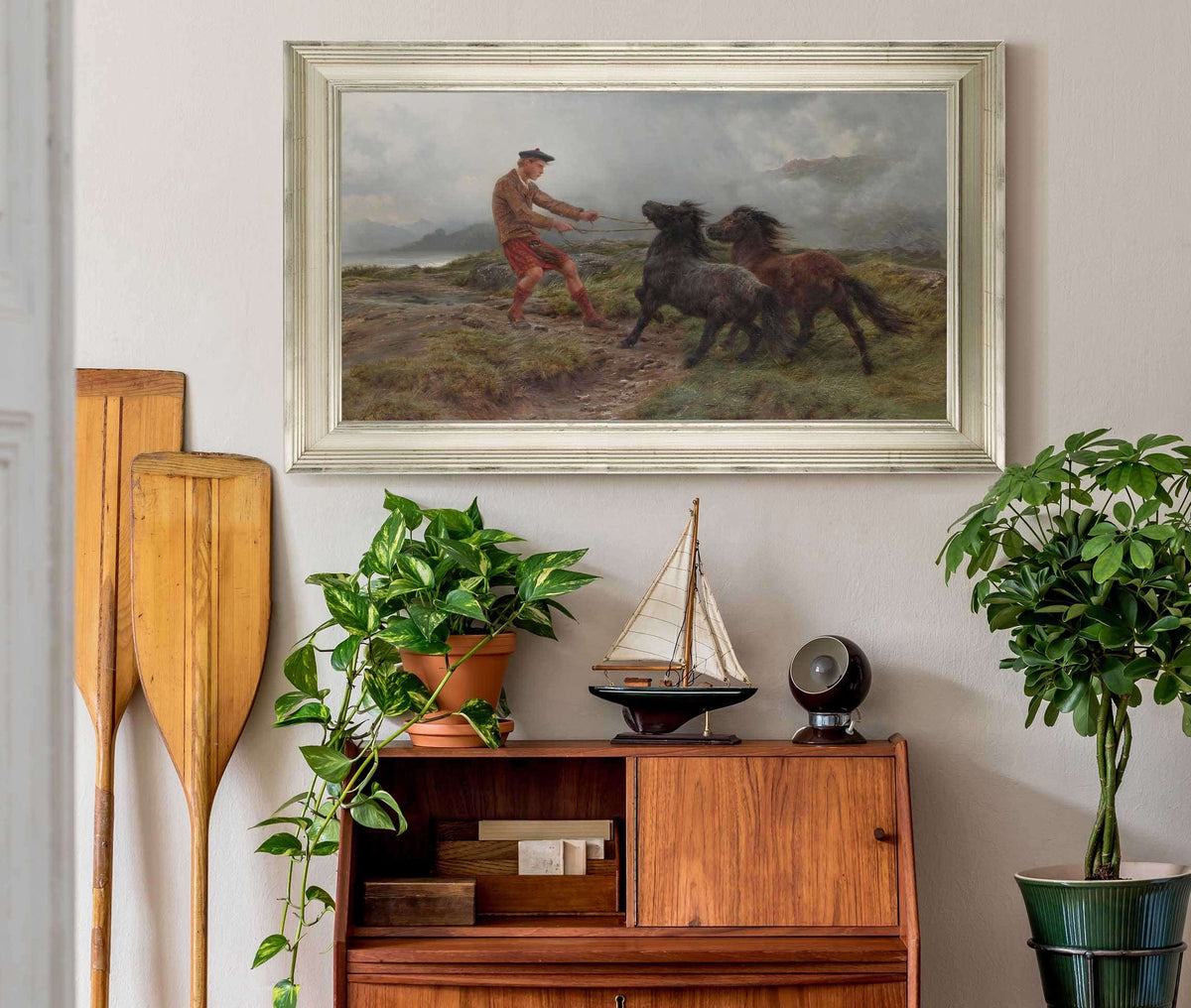 A Ghillie And Two Shetland Ponies In A Misty Landscape by Rosa Bonheur
