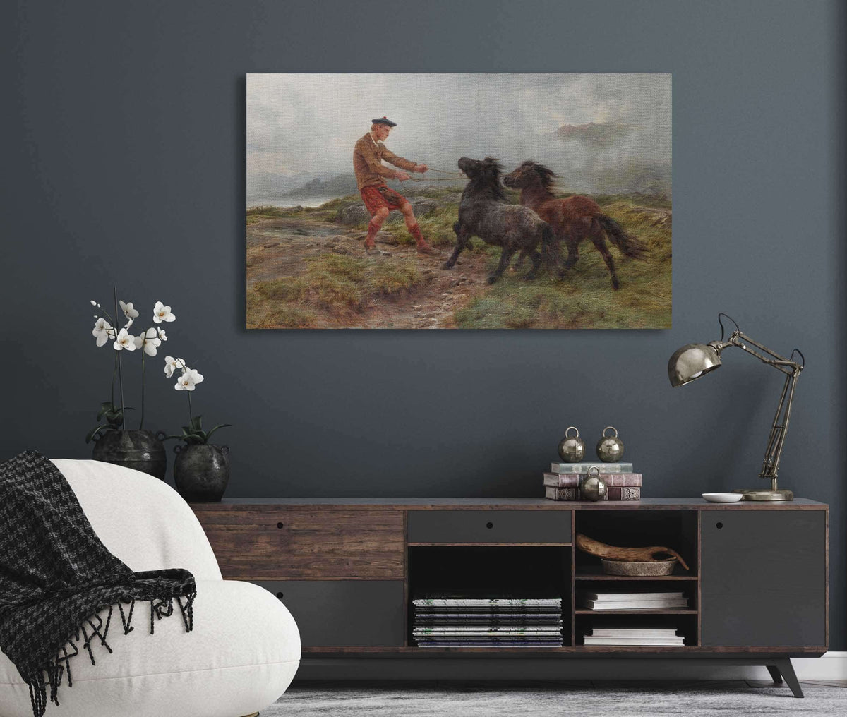 A Ghillie And Two Shetland Ponies In A Misty Landscape by Rosa Bonheur