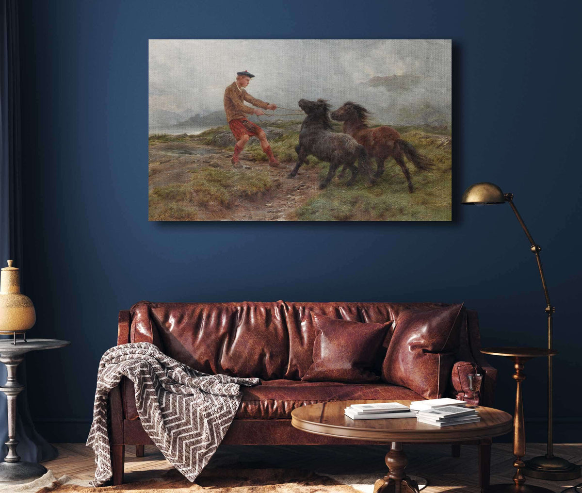 A Ghillie And Two Shetland Ponies In A Misty Landscape by Rosa Bonheur