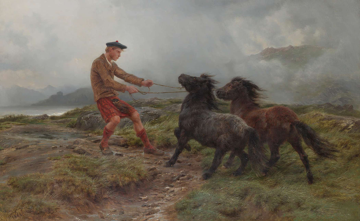 A Ghillie And Two Shetland Ponies In A Misty Landscape by Rosa Bonheur