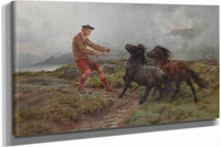A Ghillie And Two Shetland Ponies In A Misty Landscape by Rosa Bonheur